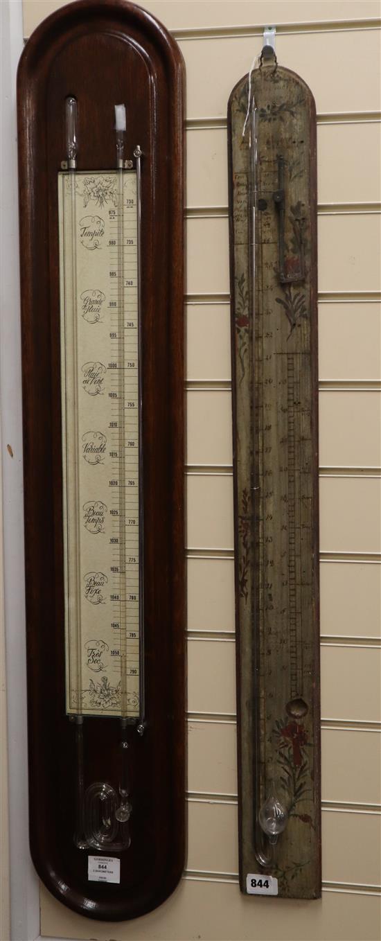 A modern French oak barometer and a French stick barometer painted with flowers (2) H.110cm and 98cm